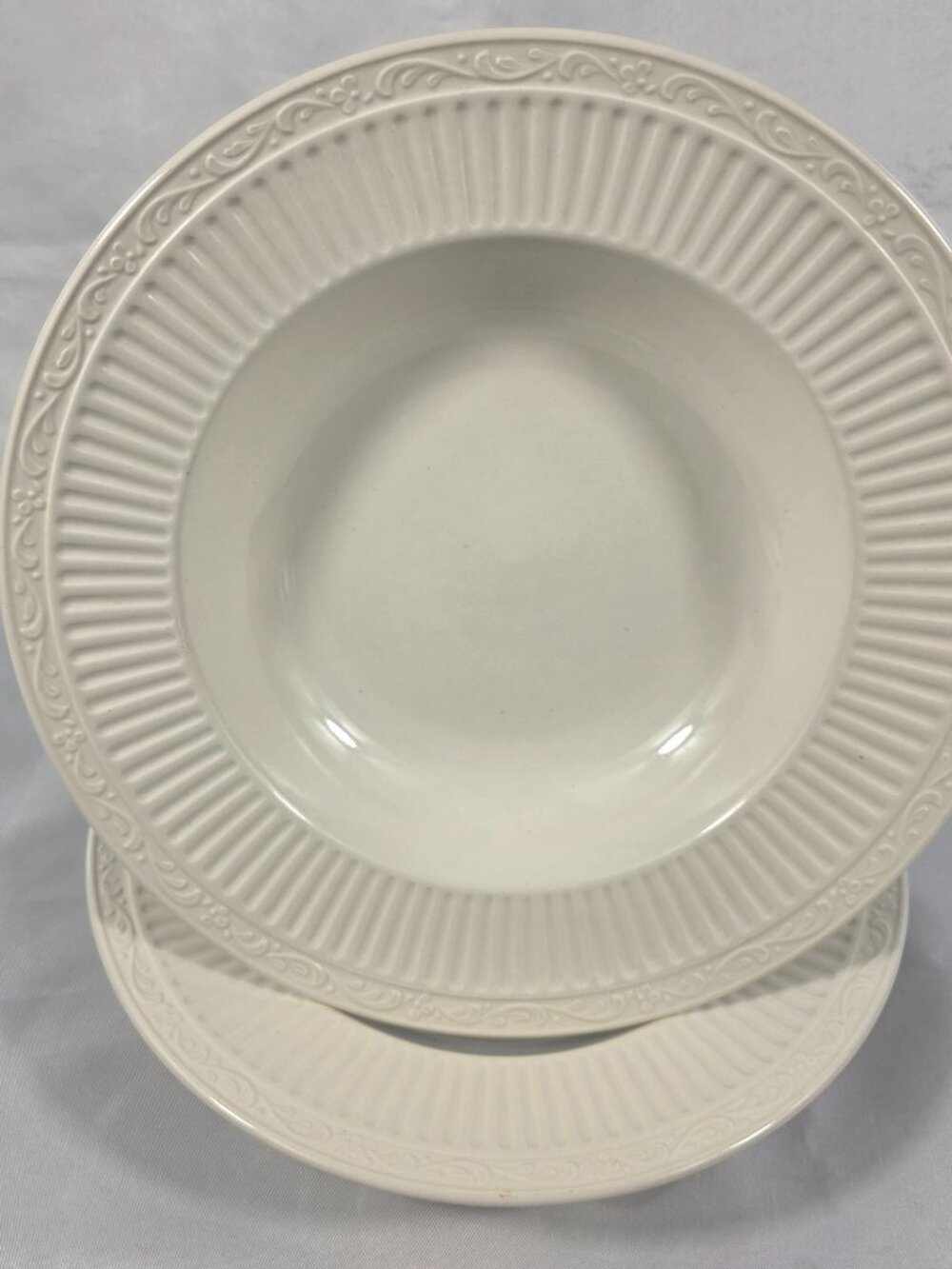 TWO Mikasa Italian Countryside Large Rim Soup Bowl Cream with Ribbed Scrolls